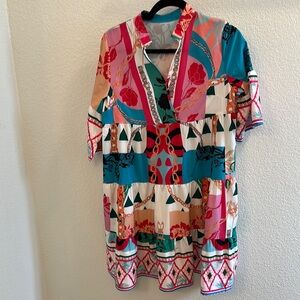 Blue and Red V-Neck Short Sleeve Sundress